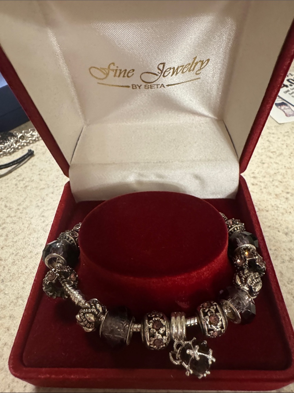 Sterling-Style Black Bead & Silver Charm Bracelet by Fine Jewelry